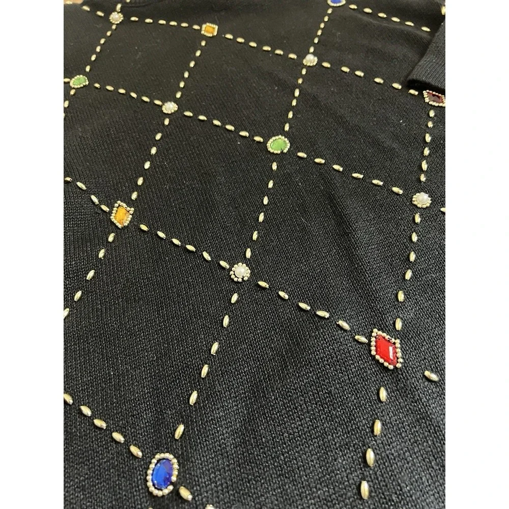 VTG Wm Med OHI Gold Embroidered Gem Jewel Black Sweater Mock Eclectic 90s 00 Y2K